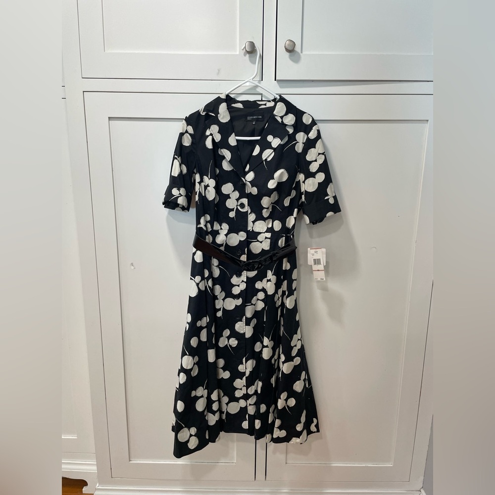 Jones New York Black and White Midi Sundress with Notched Collar